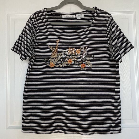 VTG Victoria Jones Black Striped Safari Embroidered T-Shirt Women’s Size L - Picture 1 of 6